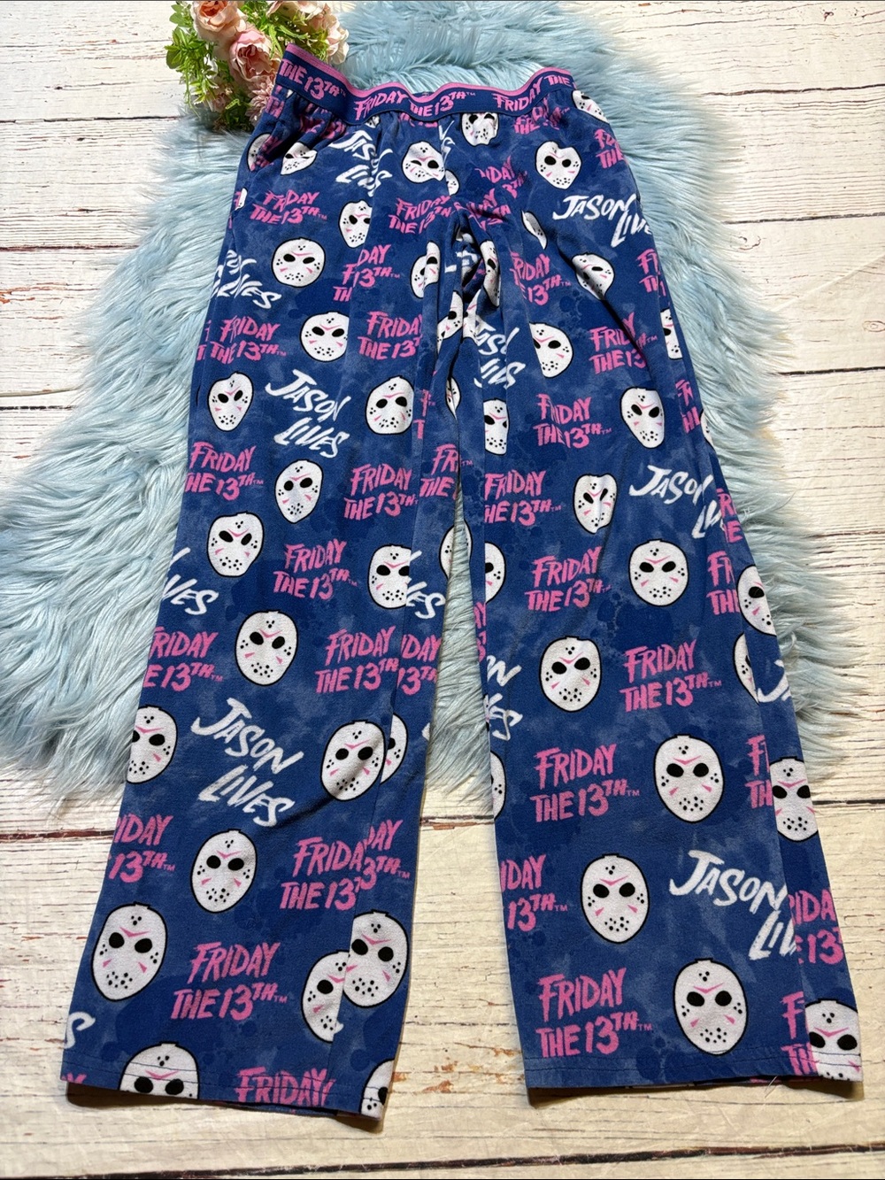 “Friday the 13th" Jason Mask Print Pajama Pants - Blue & Pink sz XS